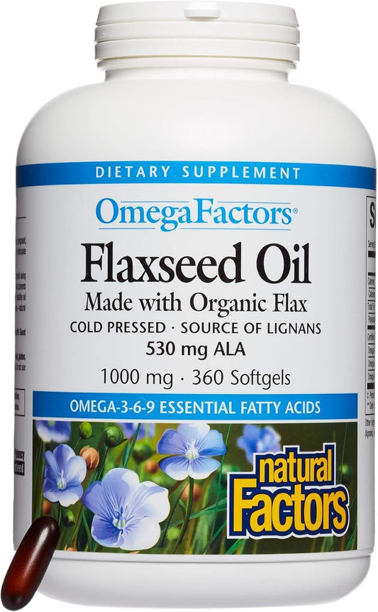 Natural Factors Omega Factors Flaxseed Oil Softgels - 360 Servings, Omega-3, 6, 9 Fatty Acids for Overall Health