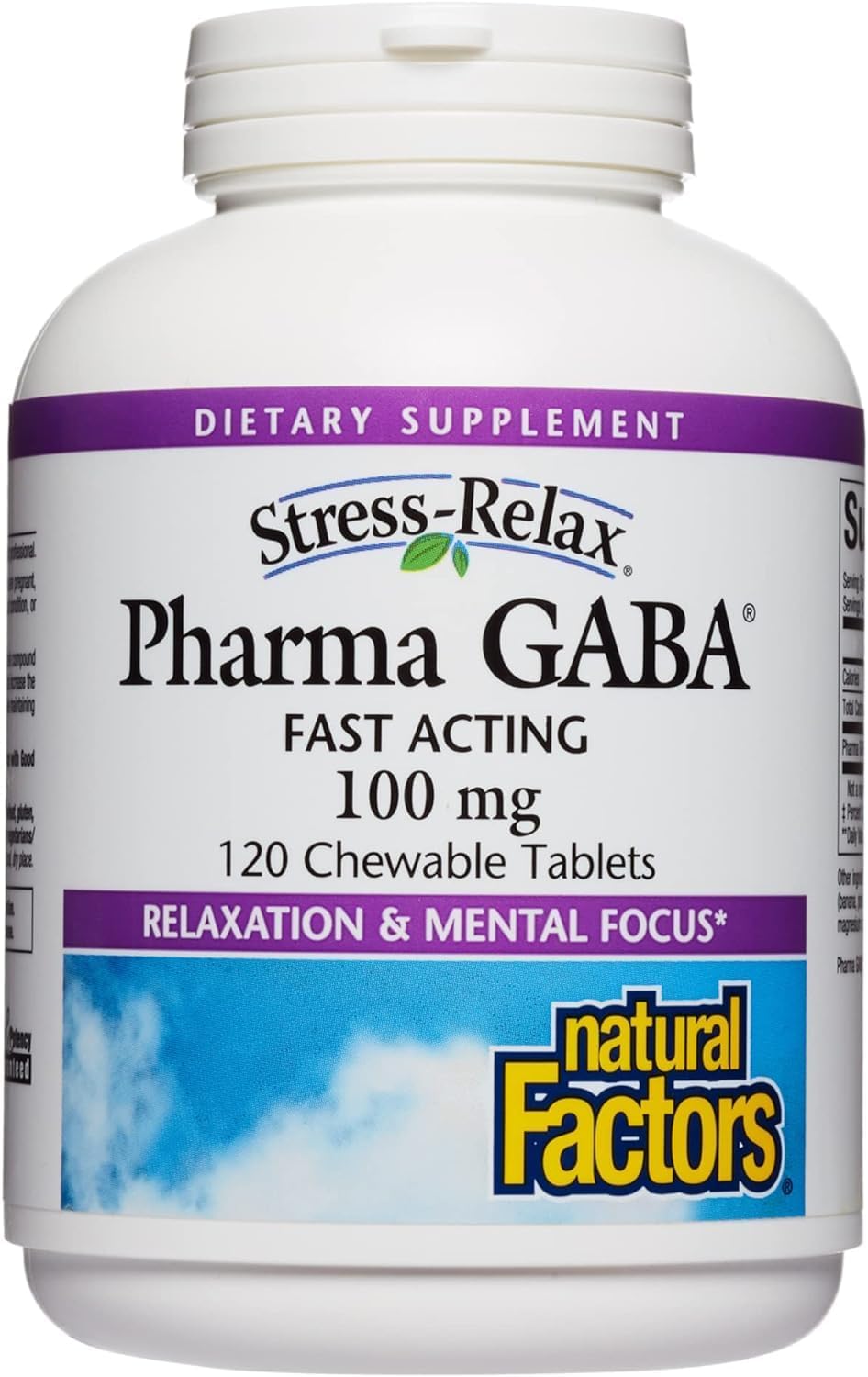 Natural Factors Stress-Relax Chewable Pharma GABA 100 mg Tablets - Tropical Fruit Flavor, Non-Drowsy Stress Support with Relaxation and Mental Focus - 120 Count