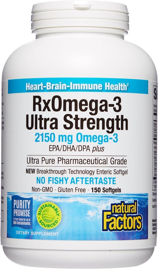 Natural Factors Ultra Strength RxOmega-3 Fish Oil - 2,150 mg Omega-3, High Potency, No Aftertaste - 150 Softgels