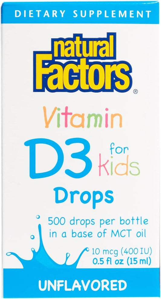 Natural Factors Vitamin D3 Drops 400 IU for Kids - Promotes Healthy Bones & Immune System - 0.5 fl oz