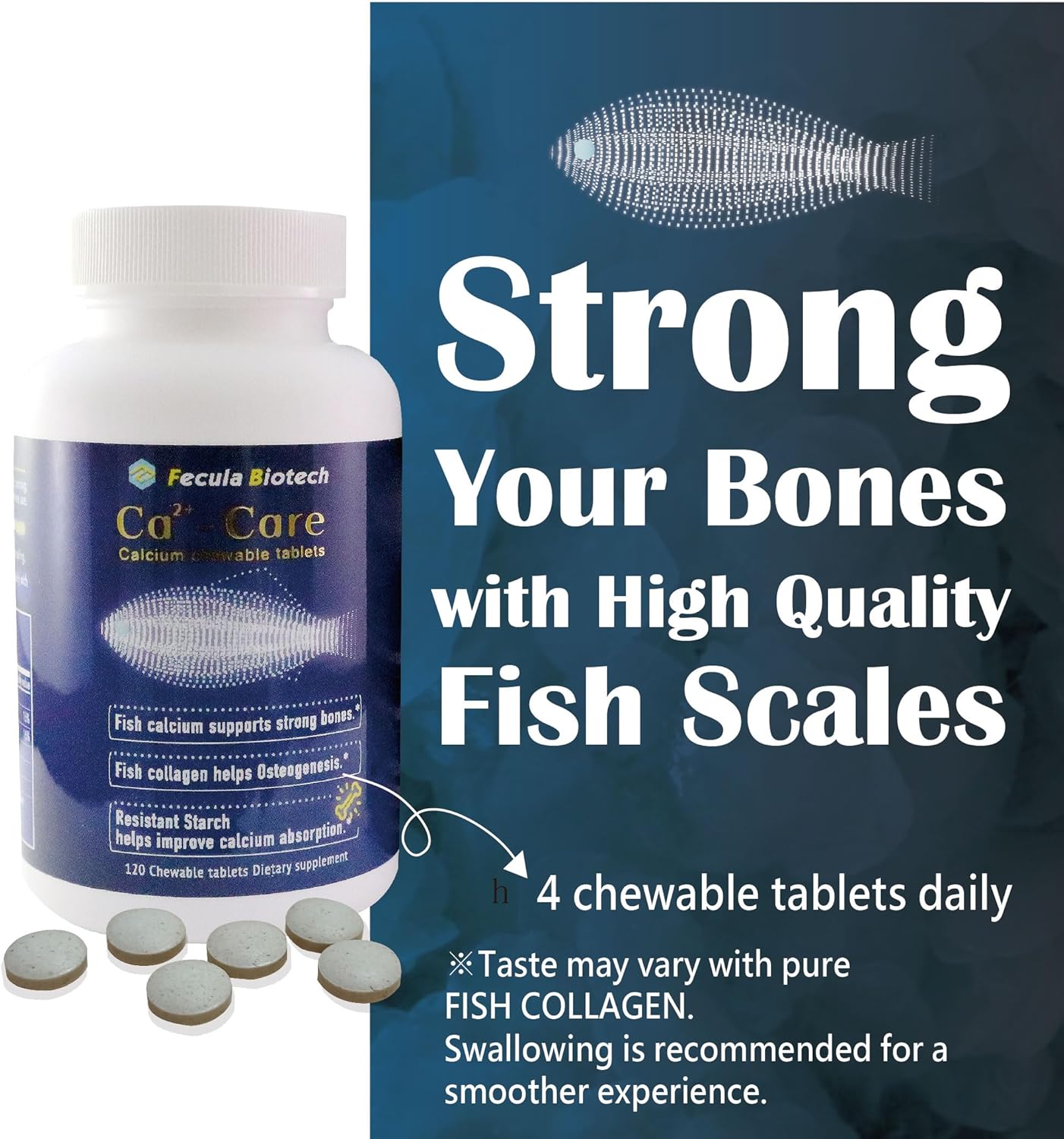 Natural Fish Scale Calcium Supplement for Strong Bones and Muscles | Effective Absorption, Bone Health Support | 120 Chewable Tablets for All Ages