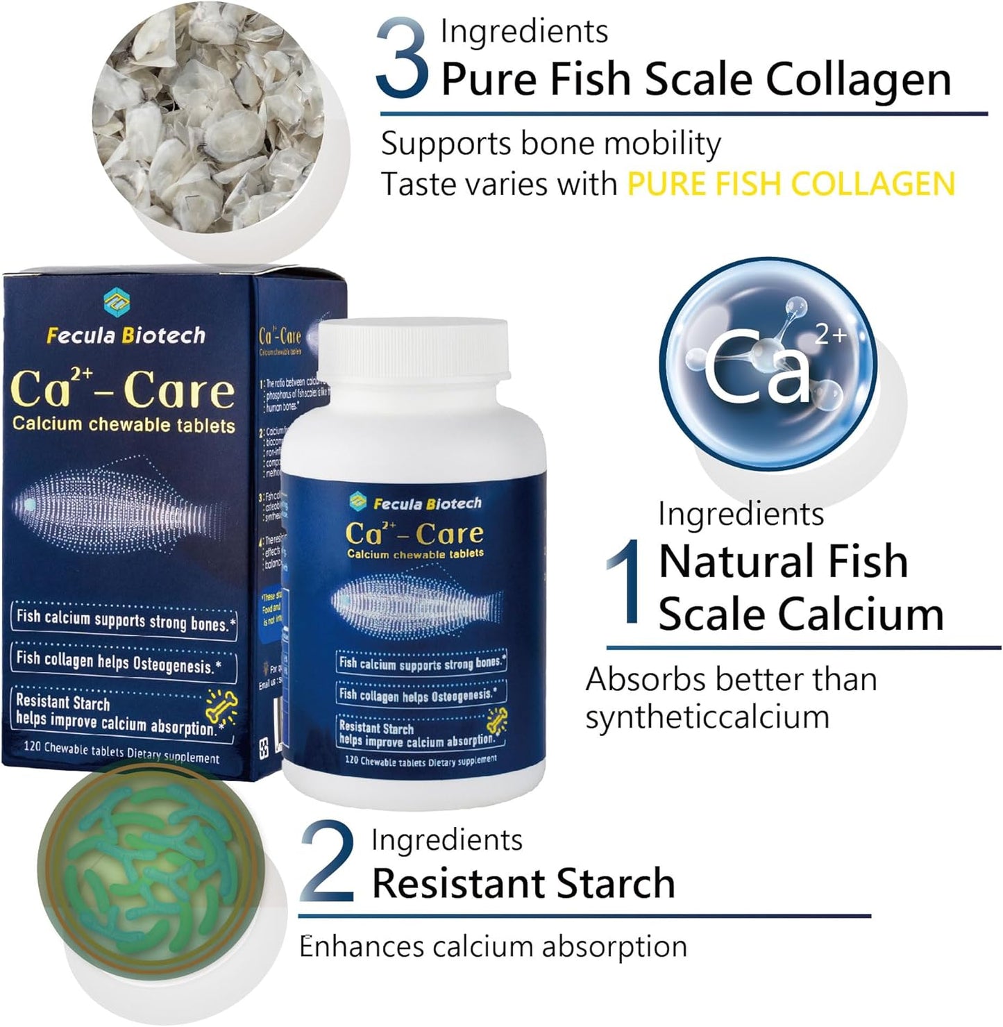 Natural Fish Scale Calcium Supplement for Strong Bones and Muscles | Effective Absorption, Bone Health Support | 120 Chewable Tablets for All Ages