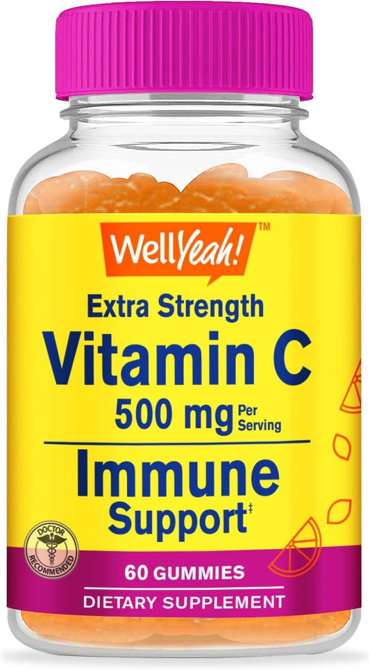 Natural Flavored WellYeah Vitamin C Gummies 500mg for Adults - Immune & Antioxidant Support - Vegan & Nut Free - 60 Count
