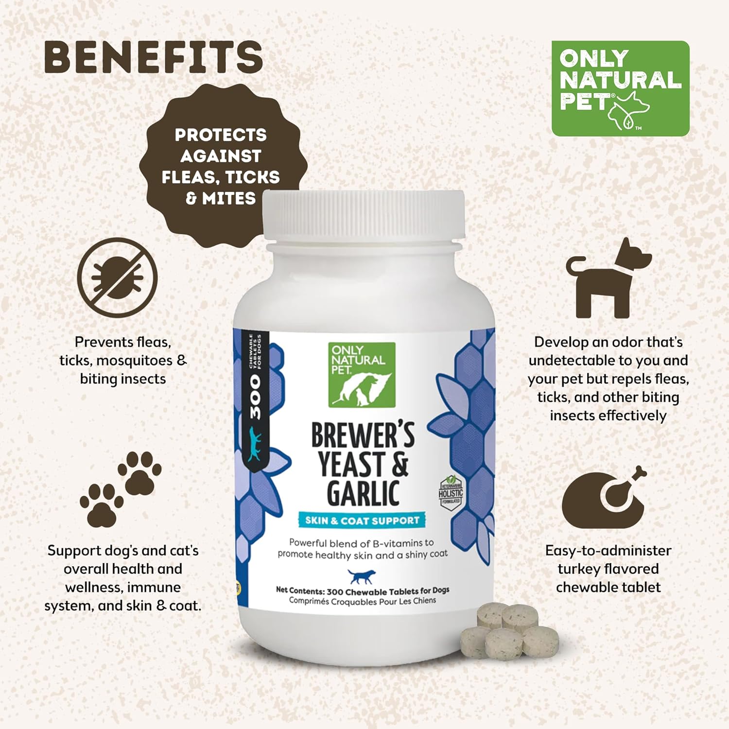 Natural Flea & Tick Prevention Chewables for Dogs with Brewer's Yeast & Garlic - 300 Count (3 Pack) - Fortified with B Vitamins - Promotes Healthy Skin & Coat