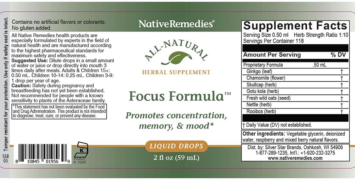 Natural Focus Formula Liquid Supplement for Improved Concentration and Mental Clarity - 2 Fl Oz