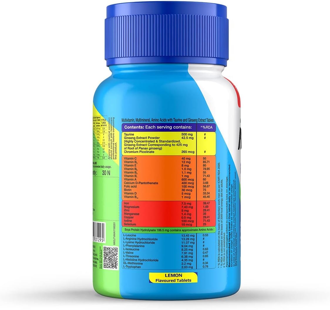 Natural Ginseng and Taurine Multivitamin Tablets for Daily Energy and Alertness, with Vitamin D, C, and 18 Minerals - 30 Tablets