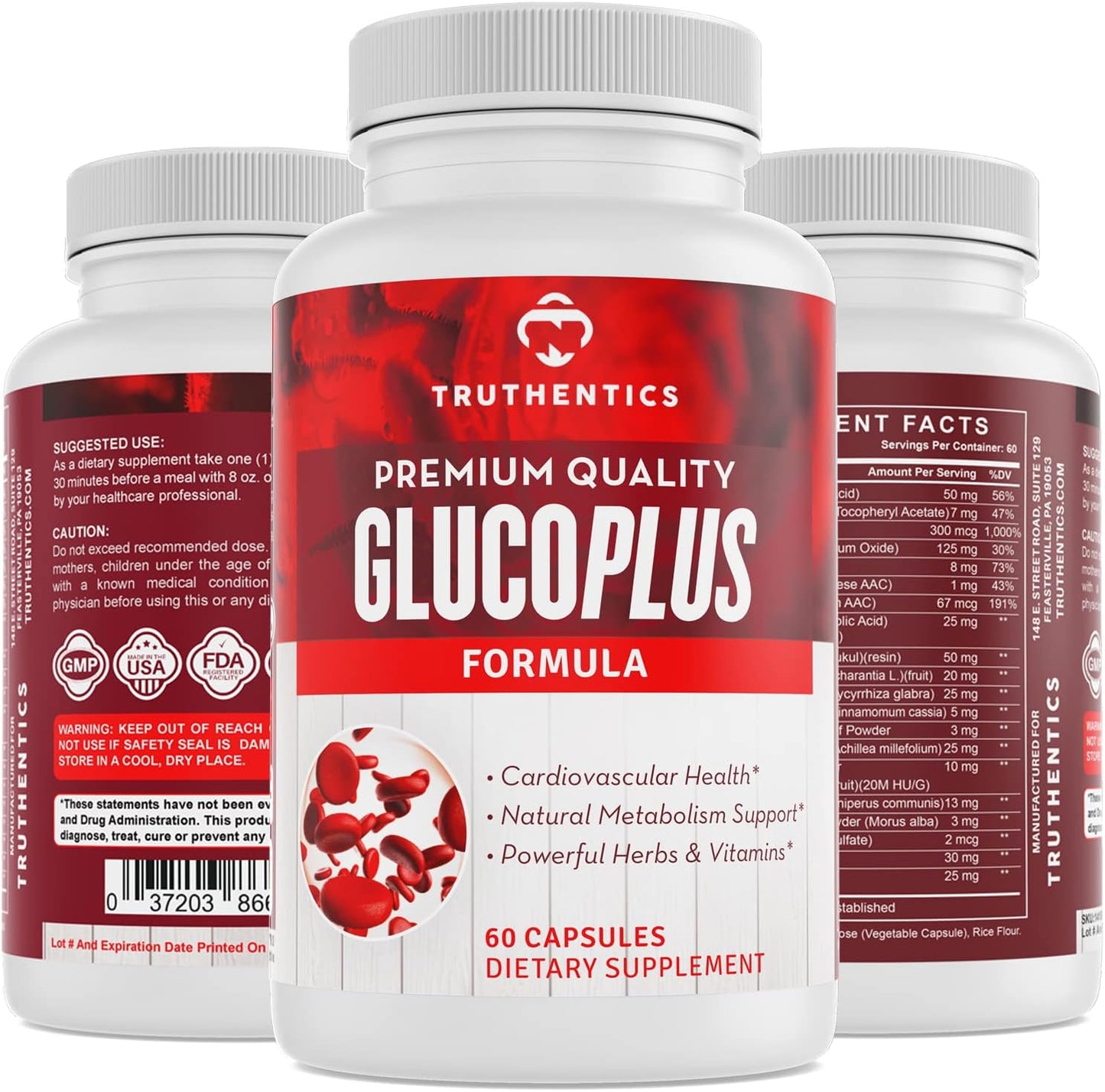 Natural GlucoPlus Supplement with 20 Herbs, Vitamins & Minerals - Cinnamon, Chromium, Vanadium - 60 Capsules
