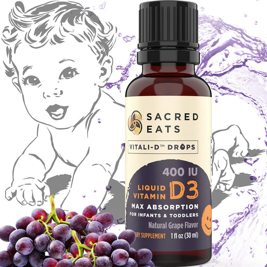 Natural Grape Flavor Infant Vitamin D Drops - 400 IU Per Drop, Sugar-Free MCT Oil for Best Absorption. 880 Servings Liquid D3 Supplement for Babies & Toddlers.