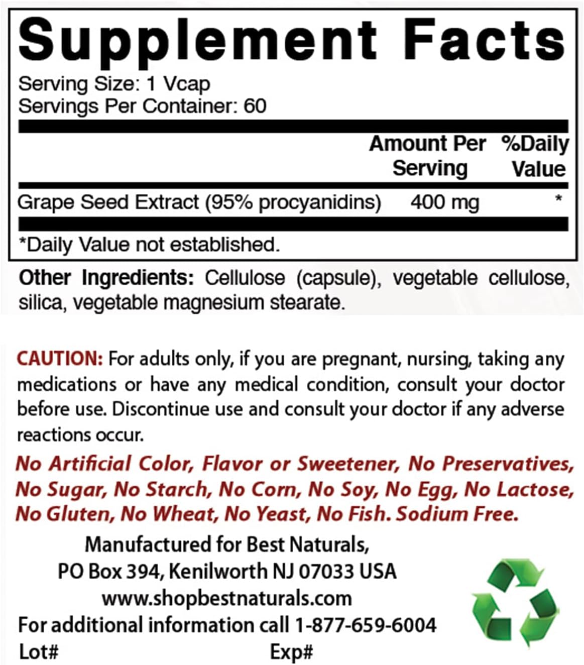 Natural Grape Seed Extract 400mg - 180 Vcaps (Pack of 3) - Top Quality Antioxidant Supplement
