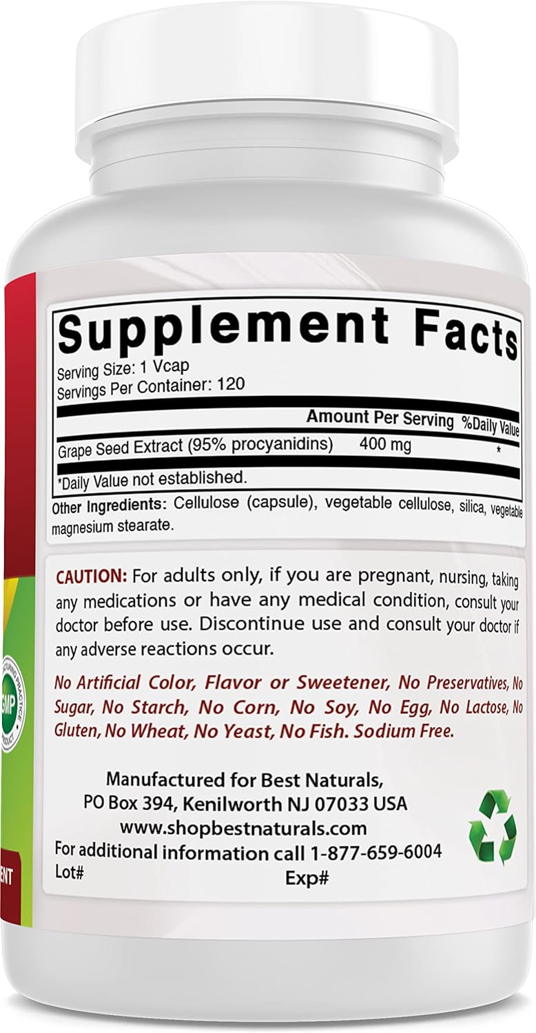 Natural Grapeseed Extract 400mg 120 Vcapsules - Pack of 3 (360 Count) - High Quality Antioxidant Supplement for Health
