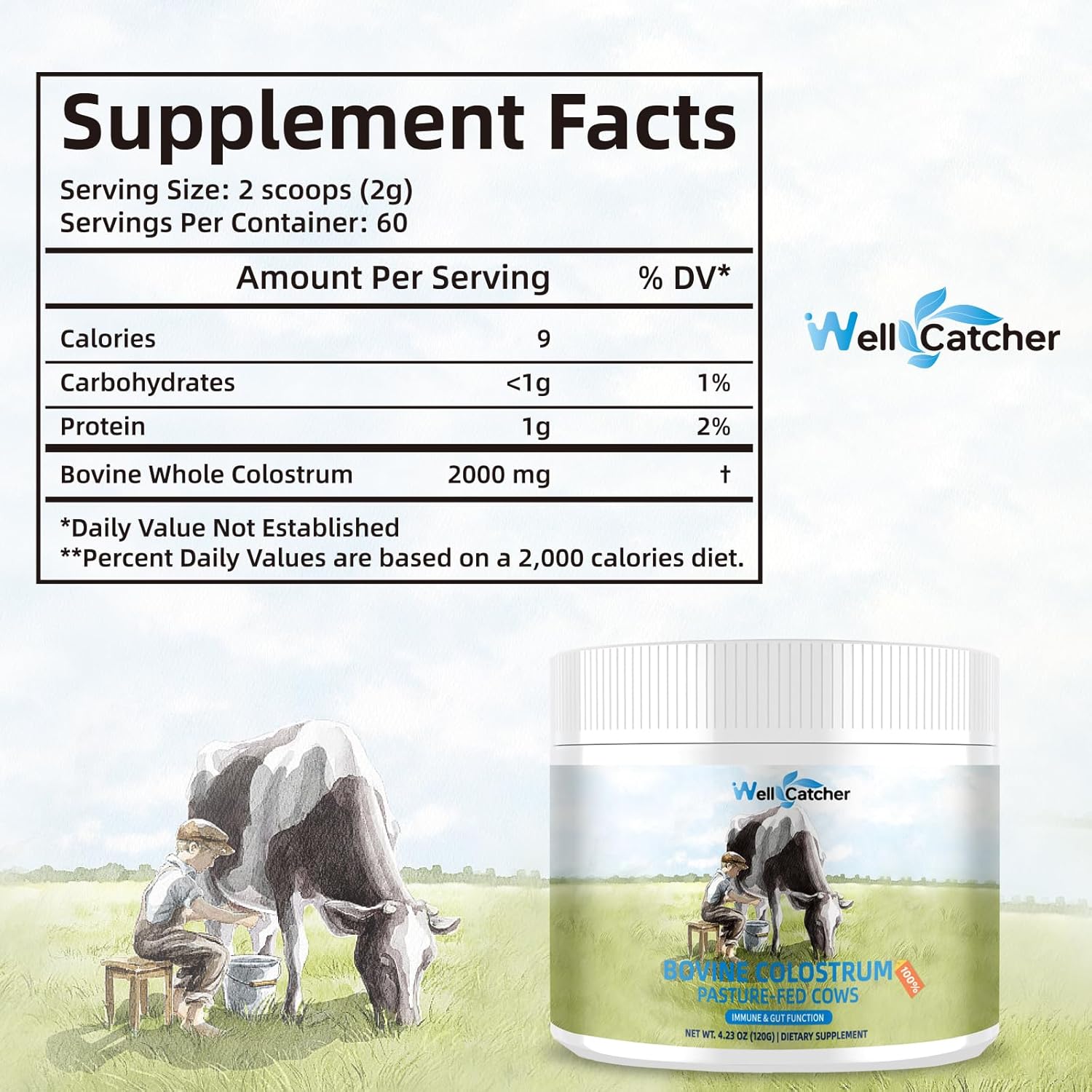 Natural Grass Fed Bovine Colostrum Powder - High IgG Supplement for Immune Support - Easy to Mix - 60 Servings for Kids & Adults