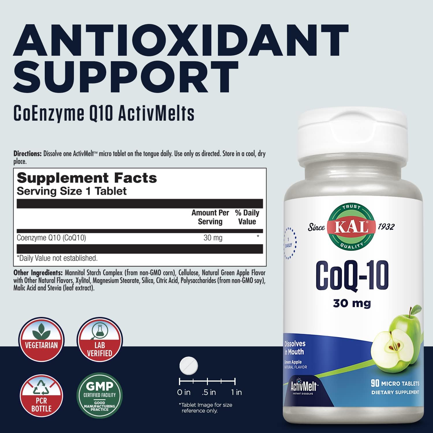Natural Green Apple Flavored KAL CoQ10 30mg ActivMelts - Heart Health Antioxidant Supplement - Vegetarian - 90 Servings