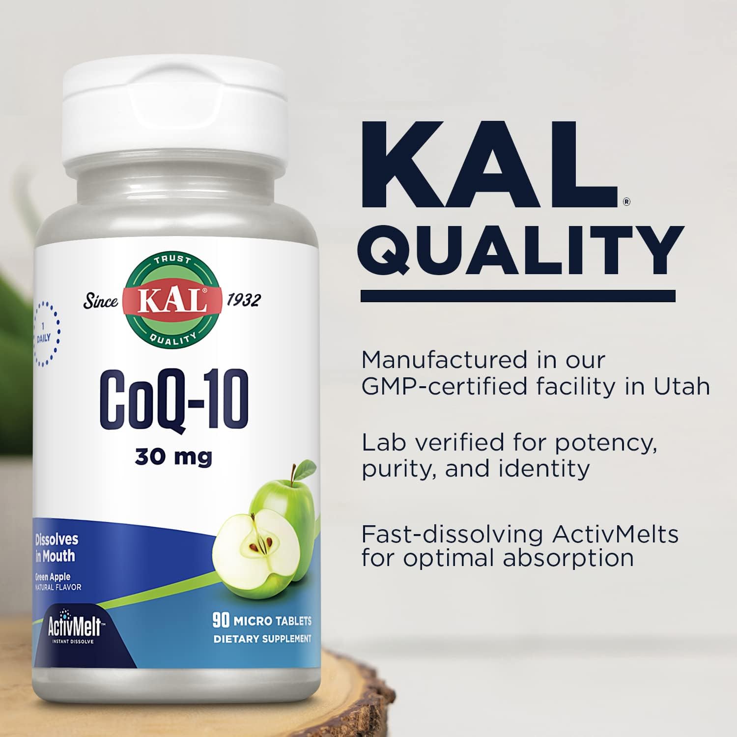Natural Green Apple Flavored KAL CoQ10 30mg ActivMelts - Heart Health Antioxidant Supplement - Vegetarian - 90 Servings