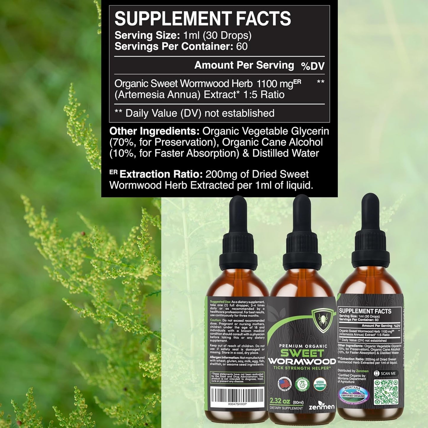 Natural Green Black Walnut Wormwood Complex Tincture - Promote Health and Wellness with Liquid Extract - 60 Day Supply