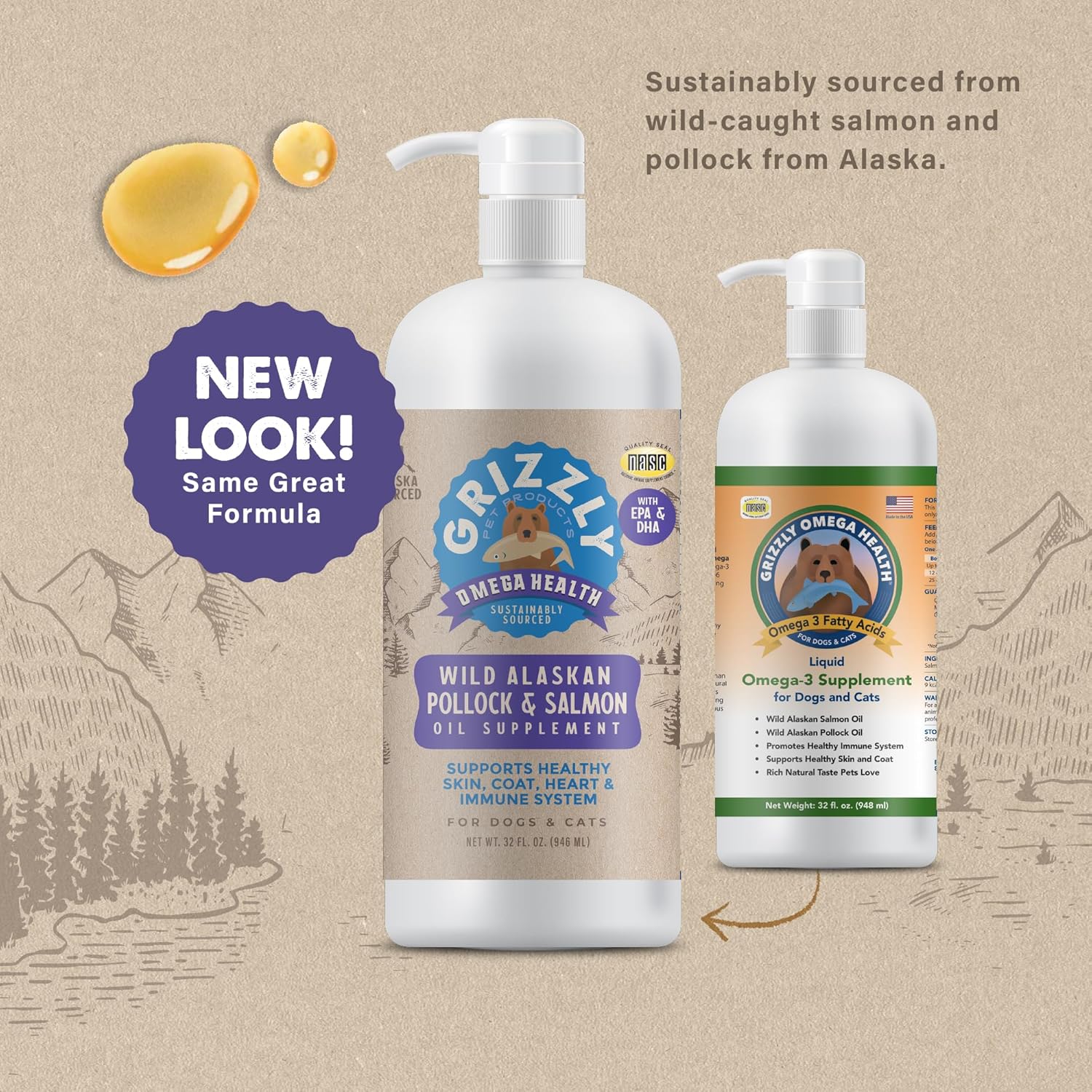 Natural Grizzly Omega Health Supplement for Dogs & Cats, Wild Salmon and Pollock Oil Blend Omega-3 Formula
