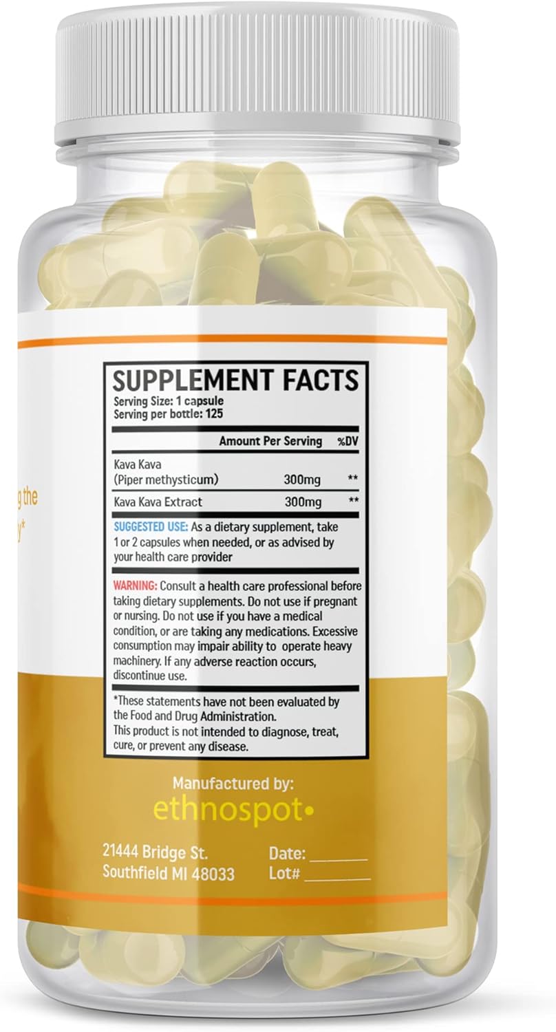 Natural Herbal Kava Extract Capsules for Relaxation and Mood Balance - Non-Habit Forming, Gluten-Free Supplement - 125 Vegan Capsules