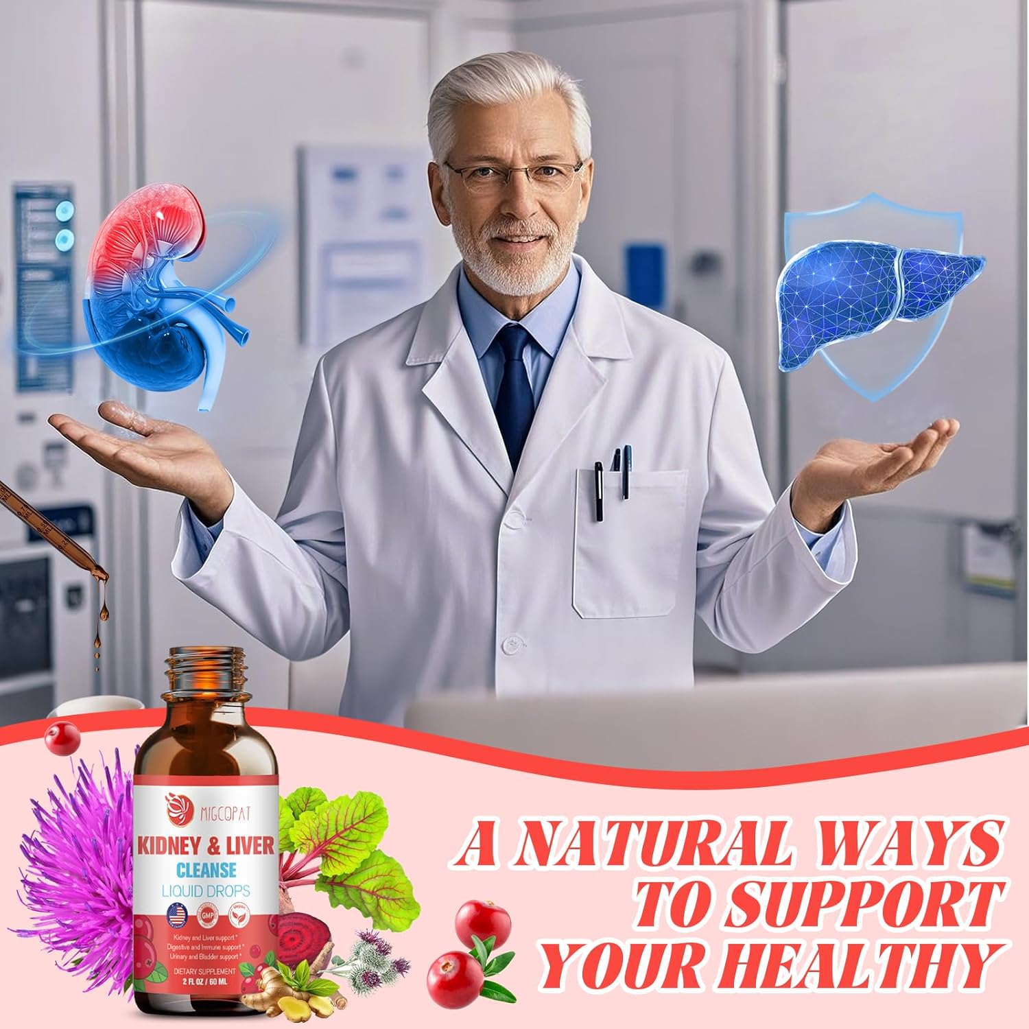 Natural Herbal Kidney and Liver Cleanse Drops with Milk Thistle, Cranberry, Artichoke - 60ml