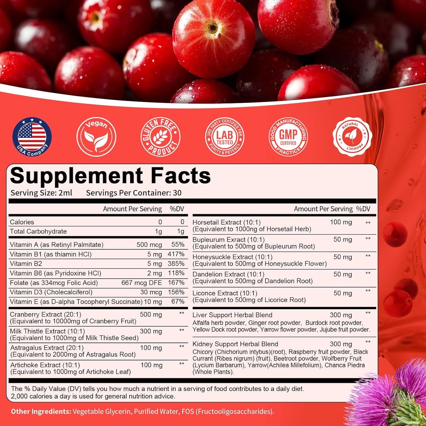 Natural Herbal Kidney and Liver Cleanse Drops with Milk Thistle, Cranberry, Artichoke - 60ml