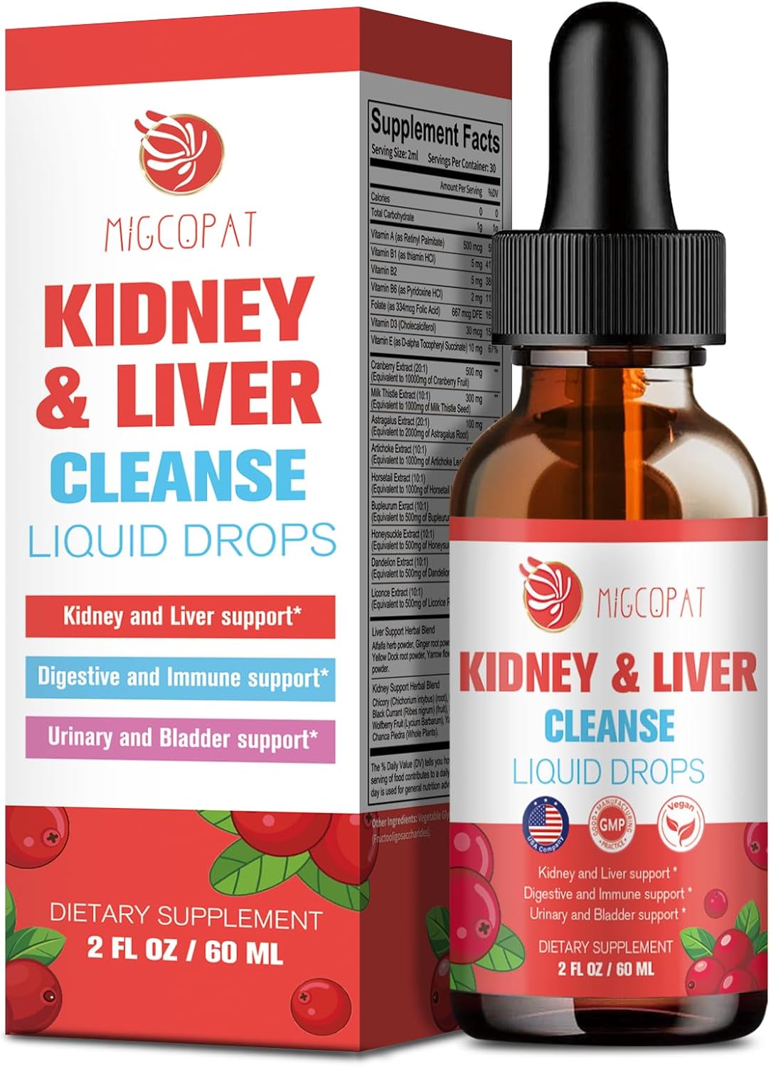 Natural Herbal Kidney and Liver Cleanse Drops with Milk Thistle, Cranberry, Artichoke - 60ml
