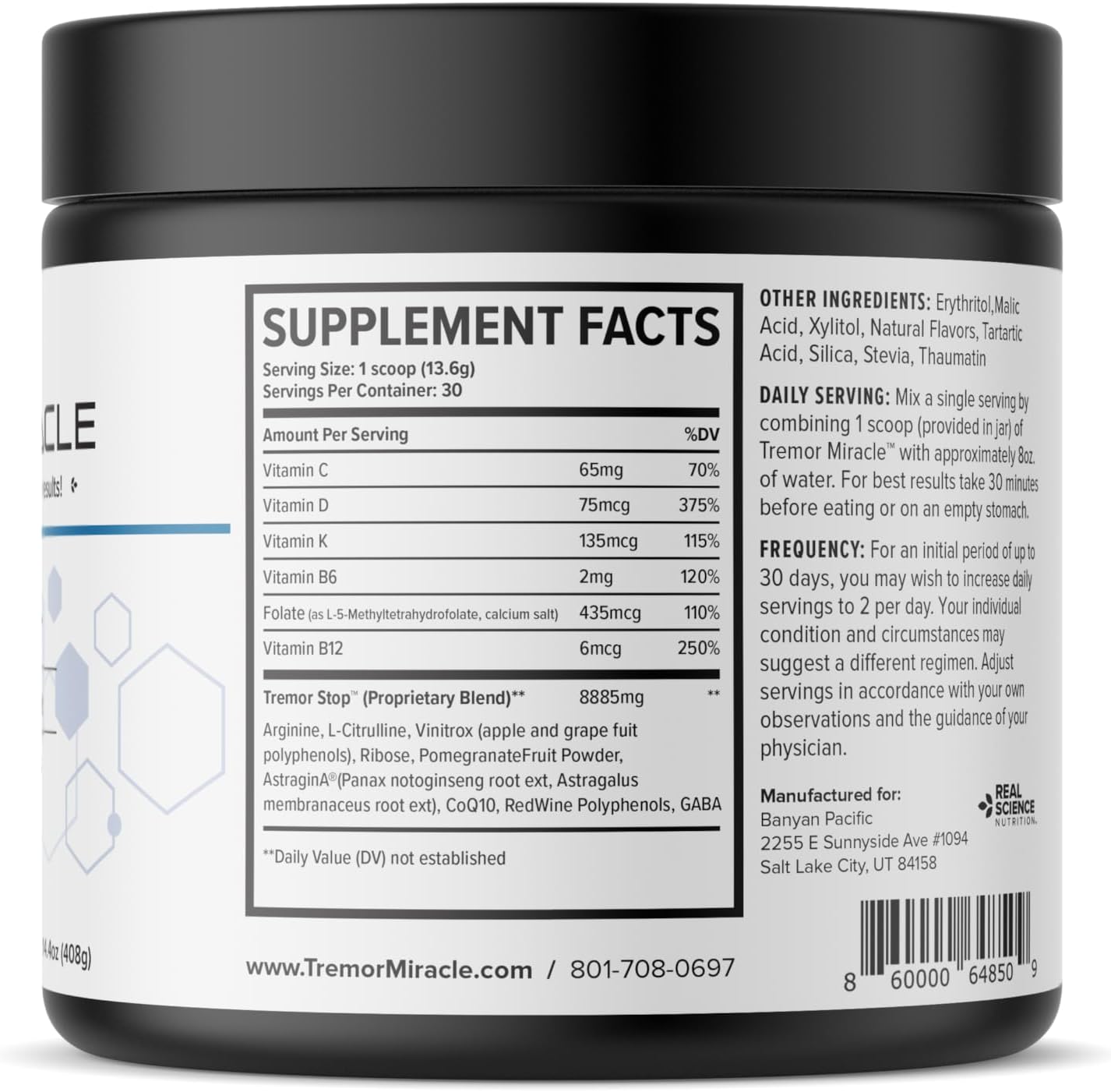 Natural Herbal Supplement Powder for Essential Tremors - Real Science Nutrition Tremor Miracle for Hands, Legs, Feet, Head - Grape Flavor (13.4 Oz)