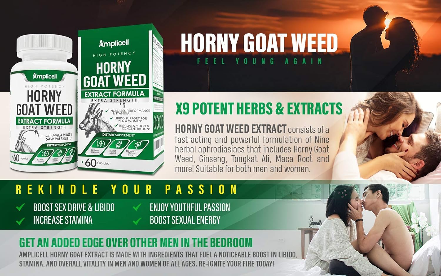 Natural Horny Goat Weed Pills with L Arginine, Tongkat Ali, Ginseng & Maca - Male & Female Enhancement - Mood & Energy Boost - 60 Capsules
