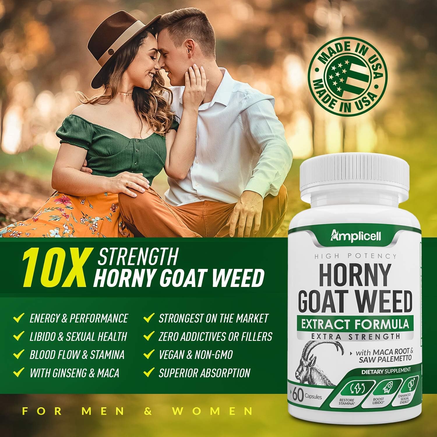 Natural Horny Goat Weed Pills with L Arginine, Tongkat Ali, Ginseng & Maca - Male & Female Enhancement - Mood & Energy Boost - 60 Capsules