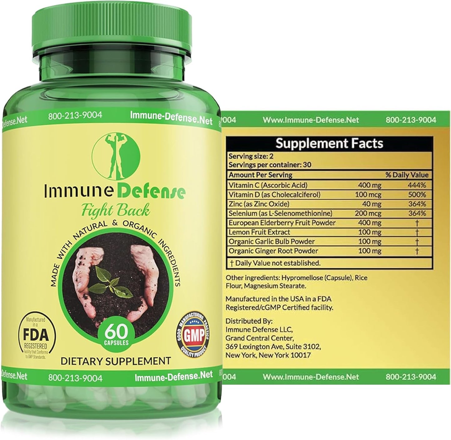 Natural Immune Support Supplement with Vitamin C, D, Elderberry, Garlic, Ginger, Lemon - 60 Capsules