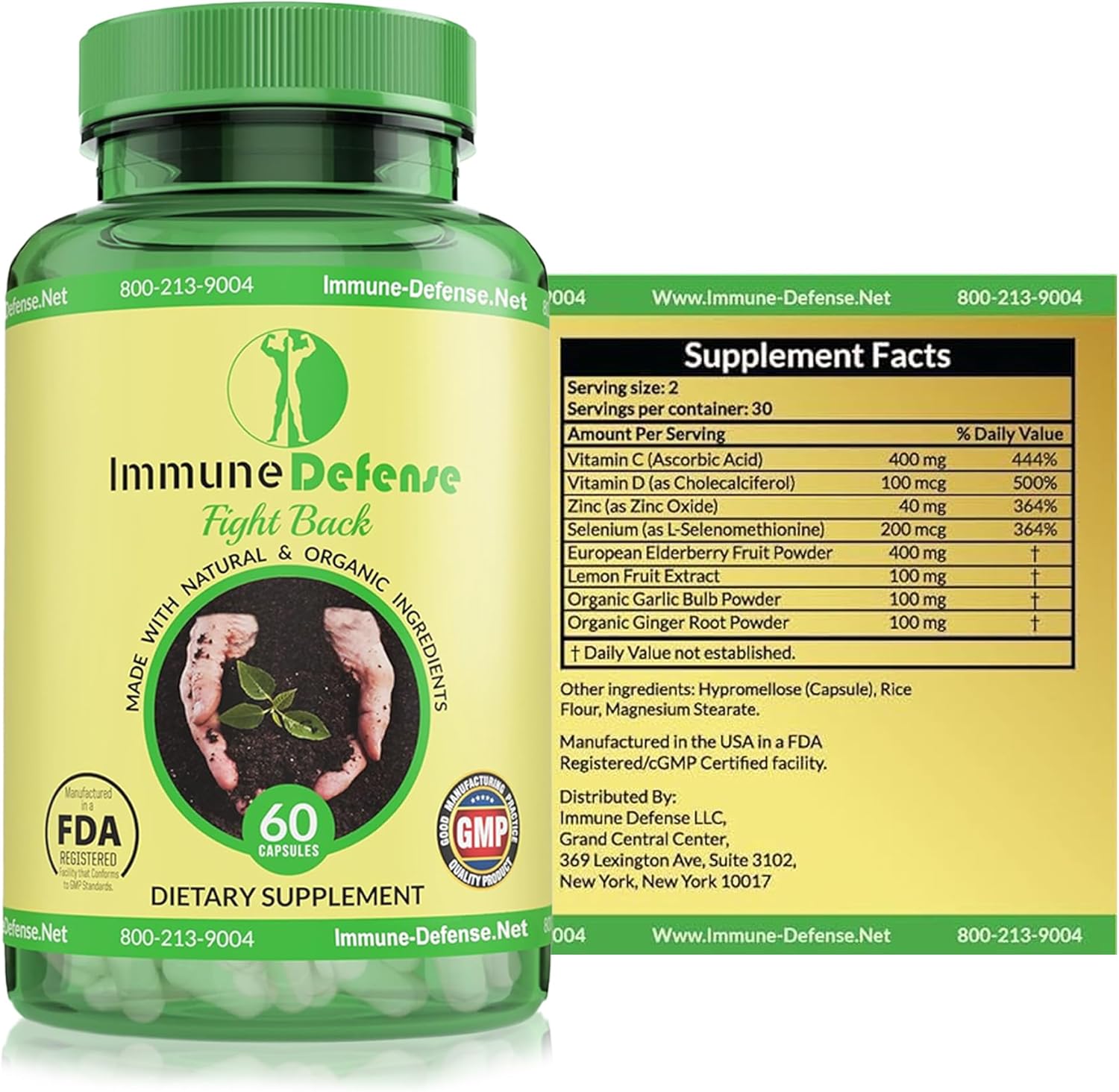 Natural Immune Support Supplement with Vitamin C, D, Elderberry, Garlic, Ginger, Lemon - 60 Capsules