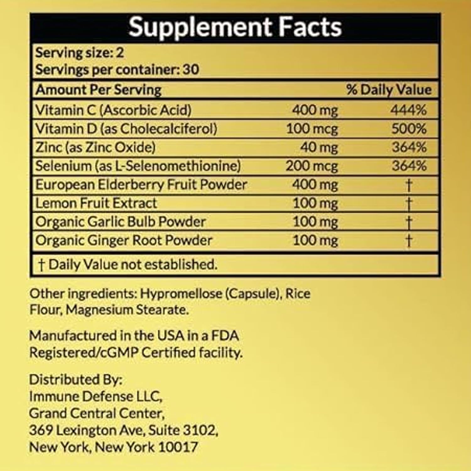 Natural Immune Support Supplement with Vitamin C, D, Elderberry, Garlic, Ginger, Lemon - 60 Capsules