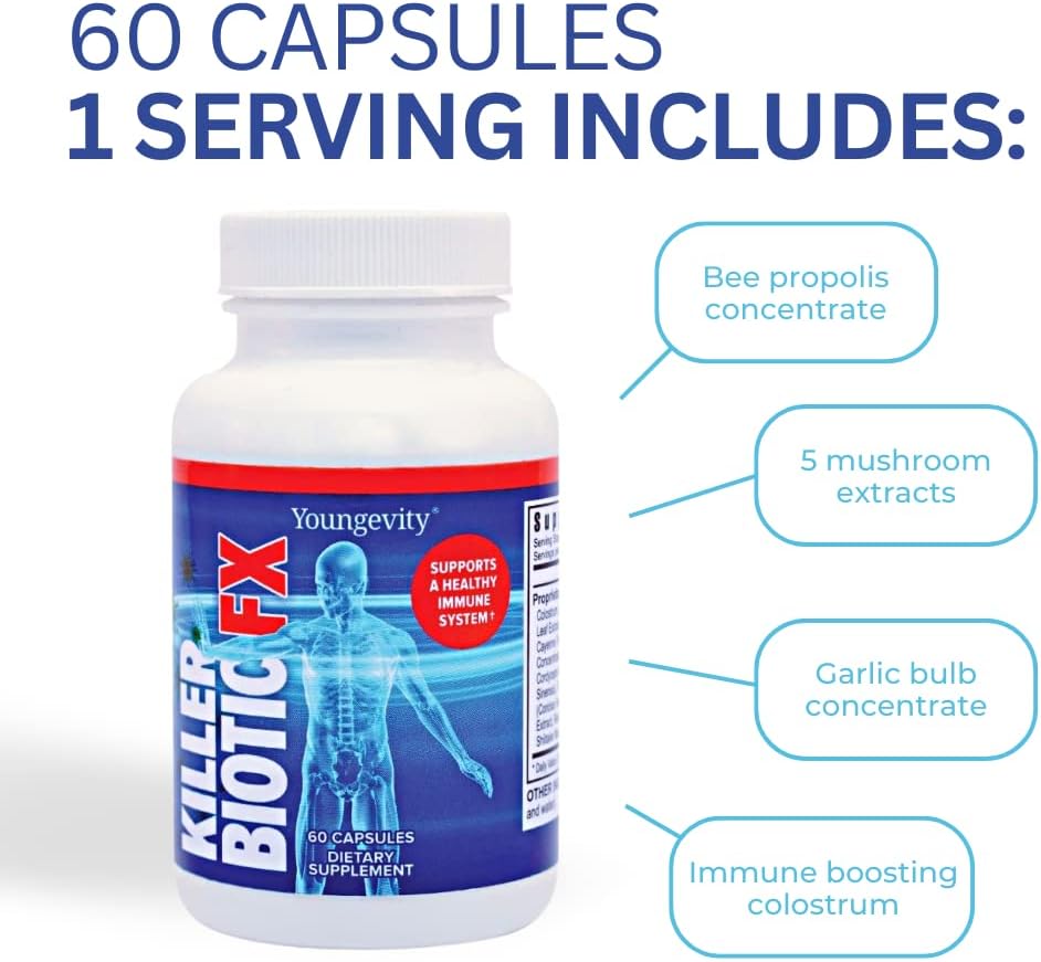 Natural Immune System Support with Bee Propolis, Mushrooms & Colostrum | Youngevity Killer Biotic FX Capsules - 60 Count