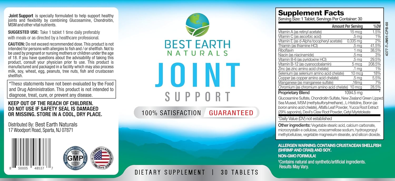 Natural Joint Support Supplement with Glucosamine, Chondroitin, MSM, Vitamins & Nutrients - Back, Hip, and Joint Health - 30 Day Supply