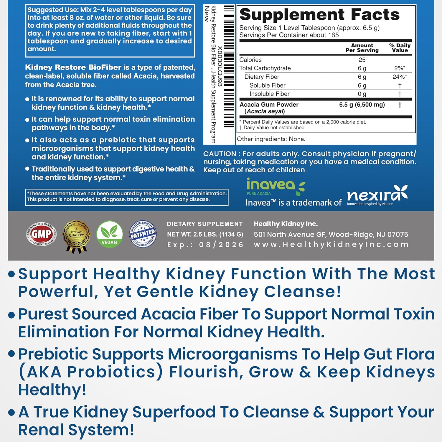 Natural Kidney Stone Dissolver Capsules with Bio Fiber - Kidney Stone Support & Cleanse, 60 Servings - Restorative Kidney Supplement - 2.5LBS