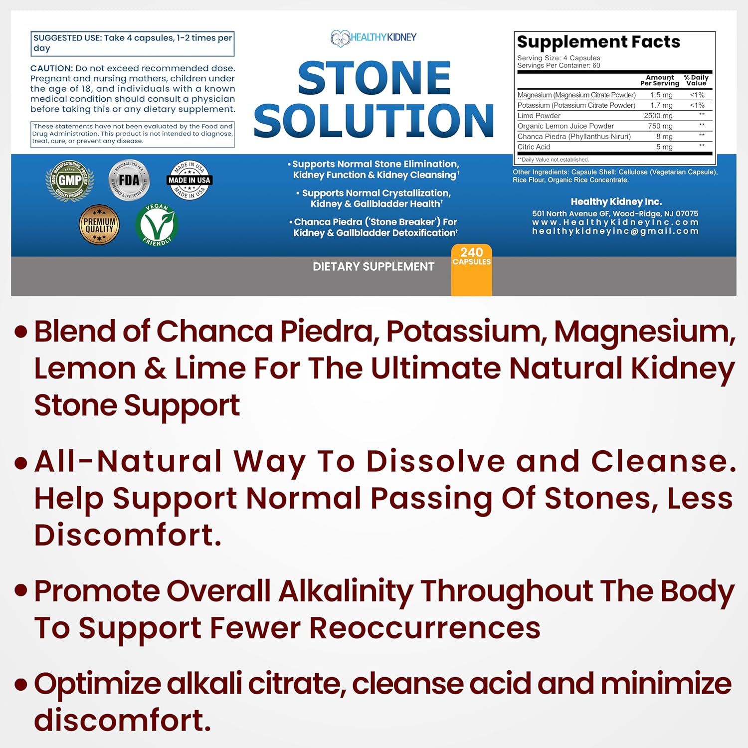 Natural Kidney Stone Dissolver Capsules with Sodium Bicarbonate - Kidney Support & Cleanser, 120 Pills, 60 Servings