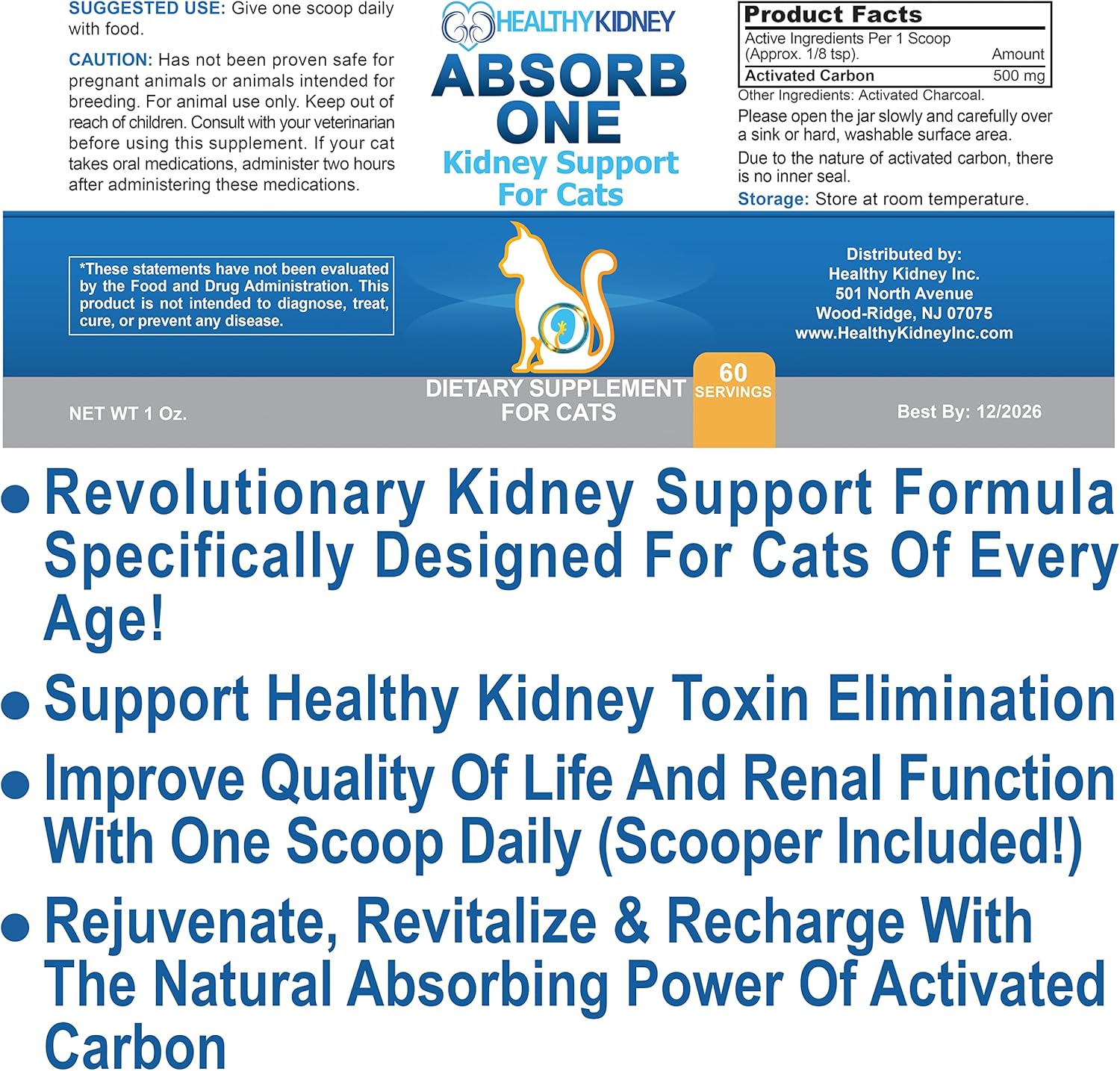 Natural Kidney Support Supplement for Cats - Vet-Formulated Feline Kidney Cleanse for Normal Kidney Function. Compatible with Any Cat Diet. 60 Servings of 1/8 TSP per Day.