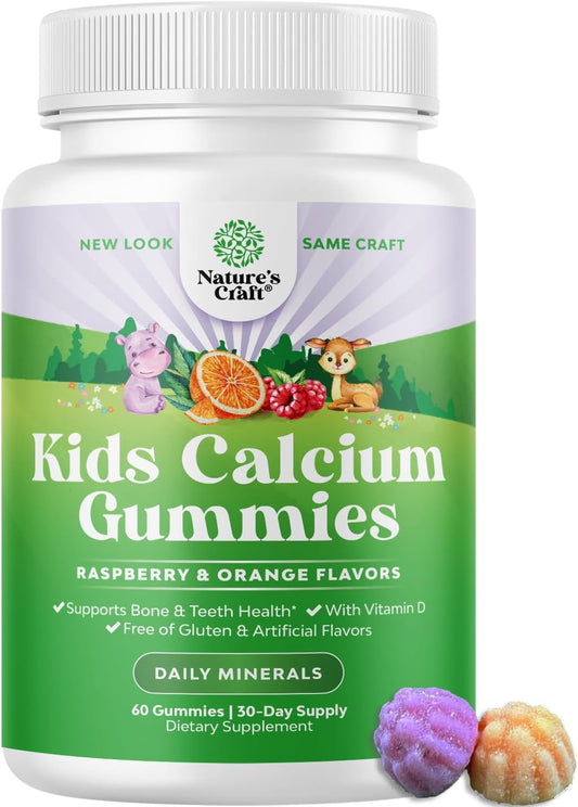 Natural Kids Calcium Gummies with Vitamin D for Healthy Bone & Muscle Development - Gelatin-Free & Kosher - 60ct (1 Pack)