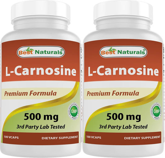 Natural L-Carnosine 500 mg - 200 Vcaps - Pack of 2 - Premium Quality Supplement