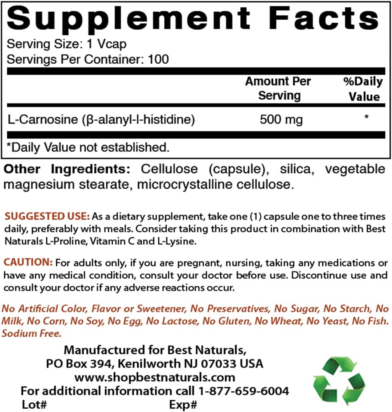 Natural L-Carnosine 500 mg - 200 Vcaps - Pack of 2 - Premium Quality Supplement