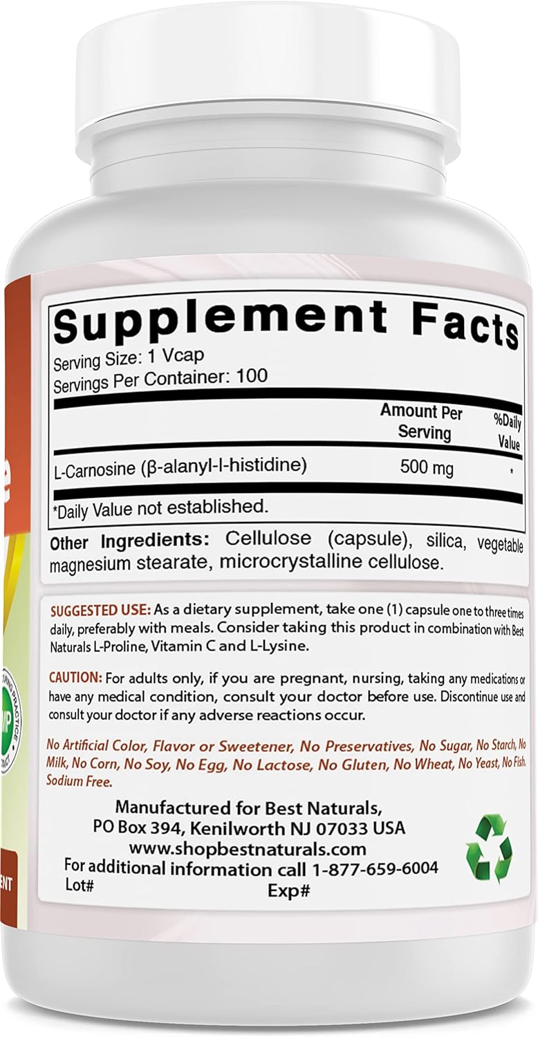 Natural L-Carnosine 500 mg - 200 Vcaps - Pack of 2 - Premium Quality Supplement