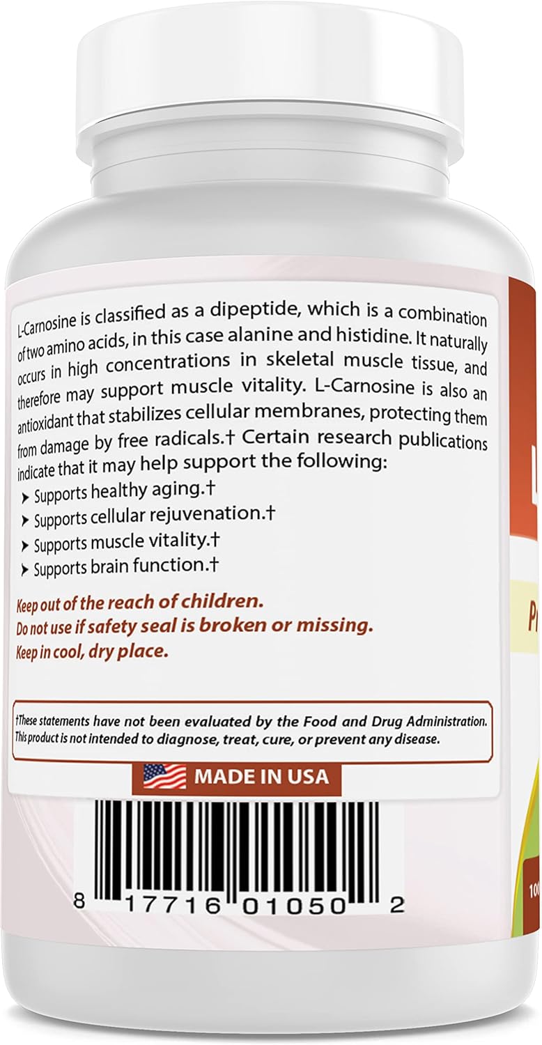 Natural L-Carnosine 500 mg - 200 Vcaps - Pack of 2 - Premium Quality Supplement