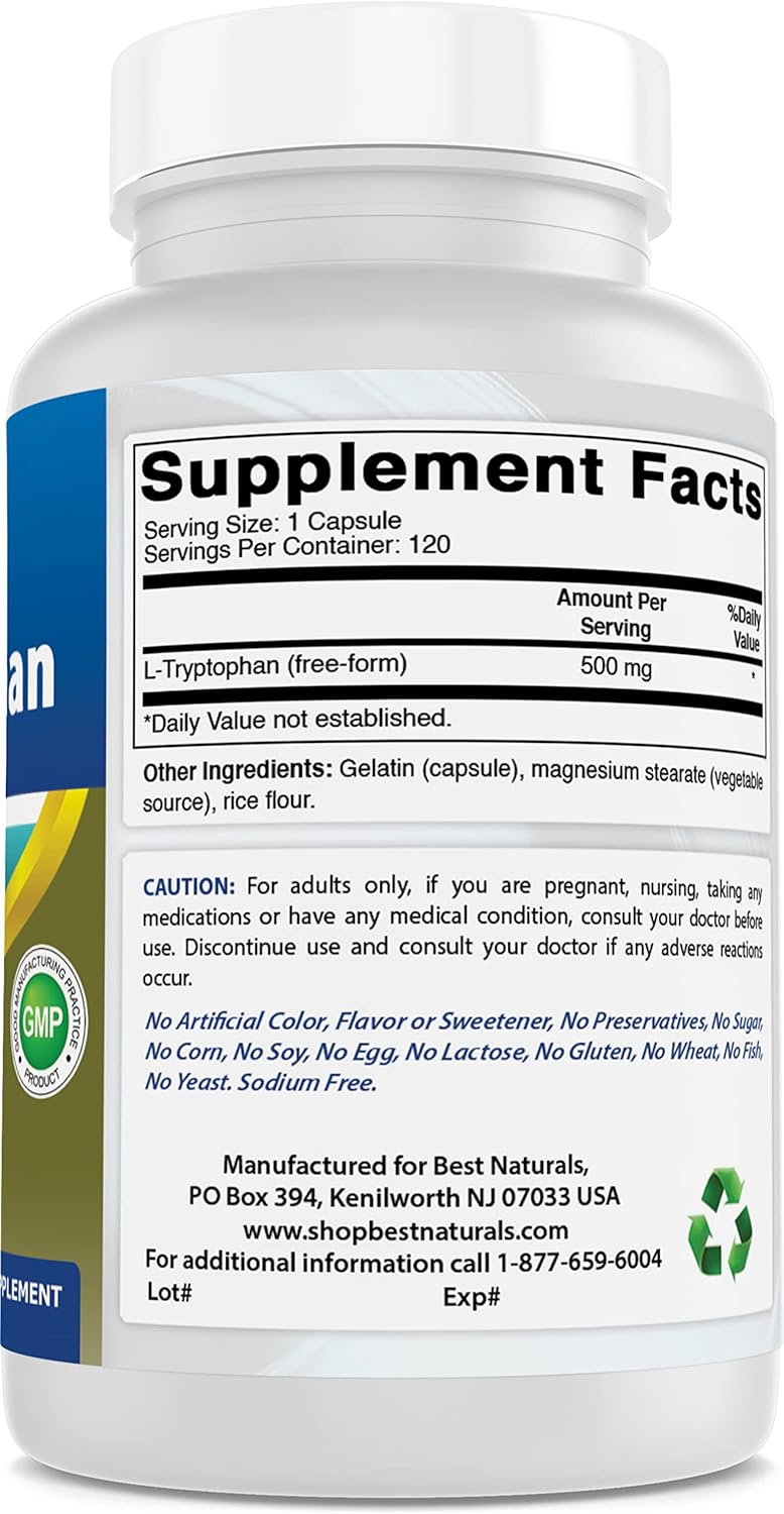 Natural L-Tryptophan 500mg Capsules - 360 Count - Top Quality Supplement for Mood and Sleep Support