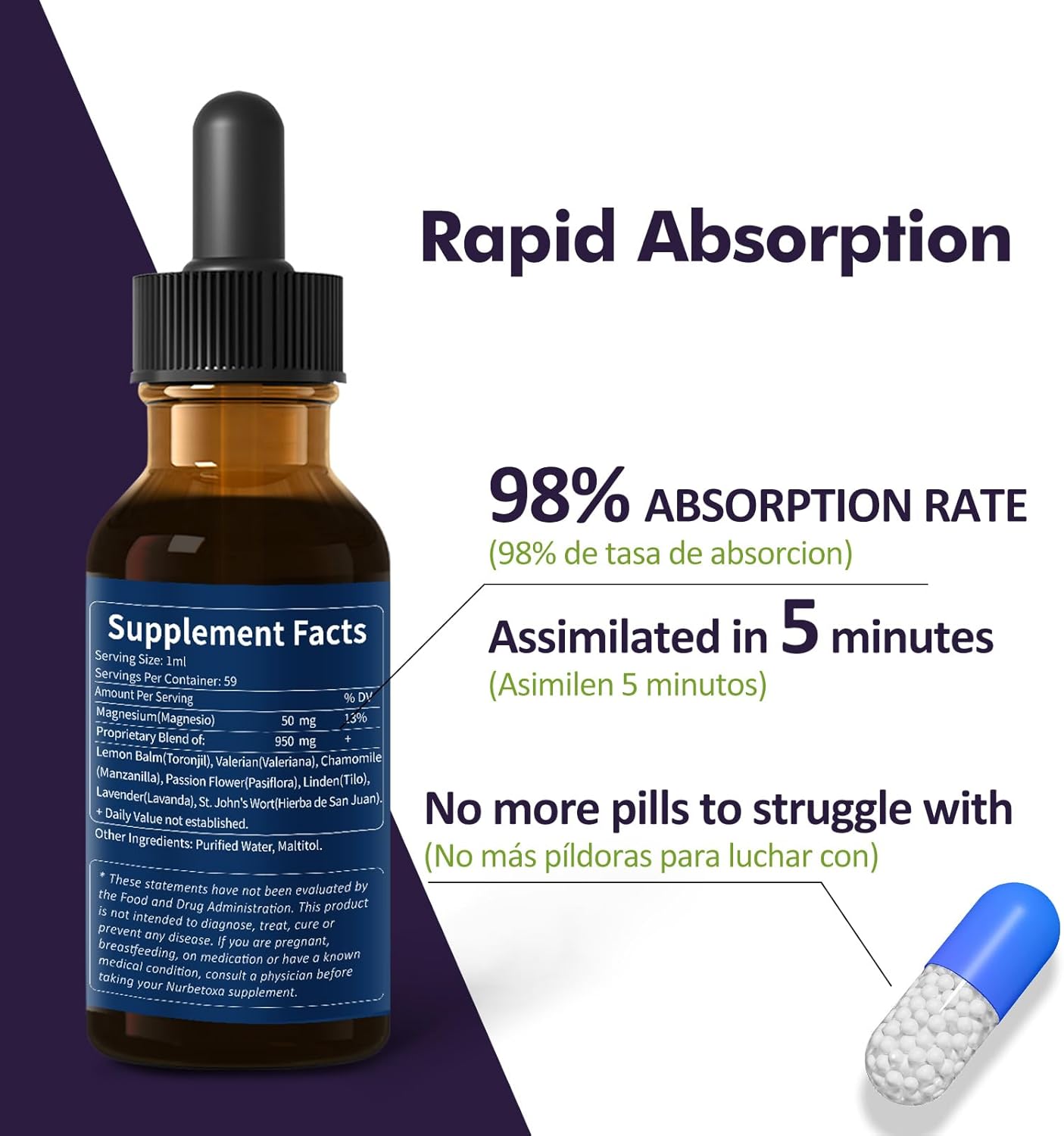 Natural Lemon Balm and Valerian Drops for Sleep and Anxiety Relief with Magnesium Citrate - Mood Boost, Cortisol Balance, Relaxation Support - 2oz