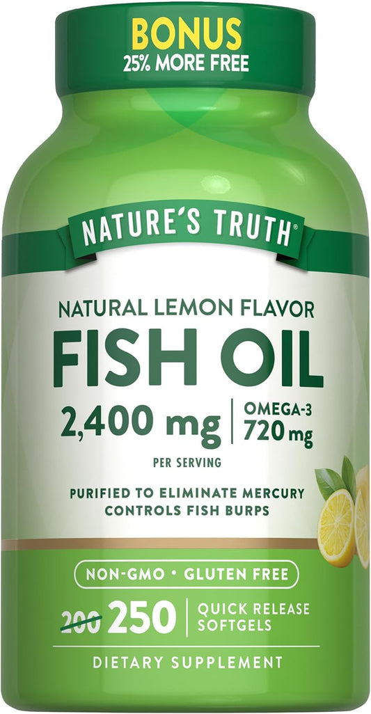 Natural Lemon Flavor Fish Oil Softgels | 2400mg Omega 3 | 250 Pills | Non-GMO & Gluten Free Supplement