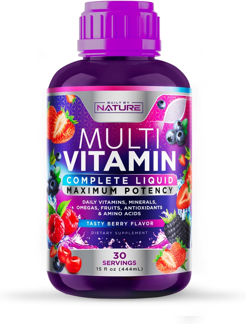 Natural Liquid Multivitamin for Women, Men, and Kids - Vegan Liquid Vitamins Supplement - Non-GMO, Gluten Free, Sugar Free - Berry Flavor - 15 Fl Oz, 30 Servings