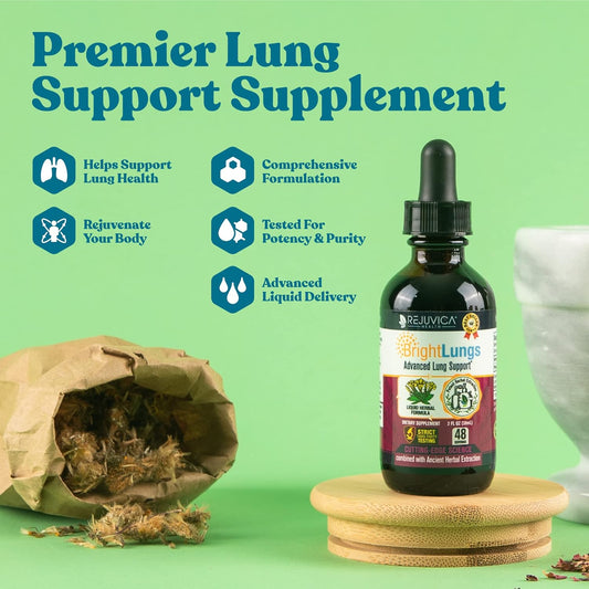 Natural Lung Detox Support Supplement for Respiratory Health with Grindelia, Lobelia, Licorice, Wild Cherry - Rejuvica Health Bright Lungs