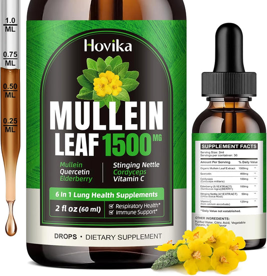 Natural Lung Support Drops - Mullein Leaf Extract with Quercetin, Cordyceps, Elderberry, Stinging Nettle, Vitamin C - 2 Fl Oz