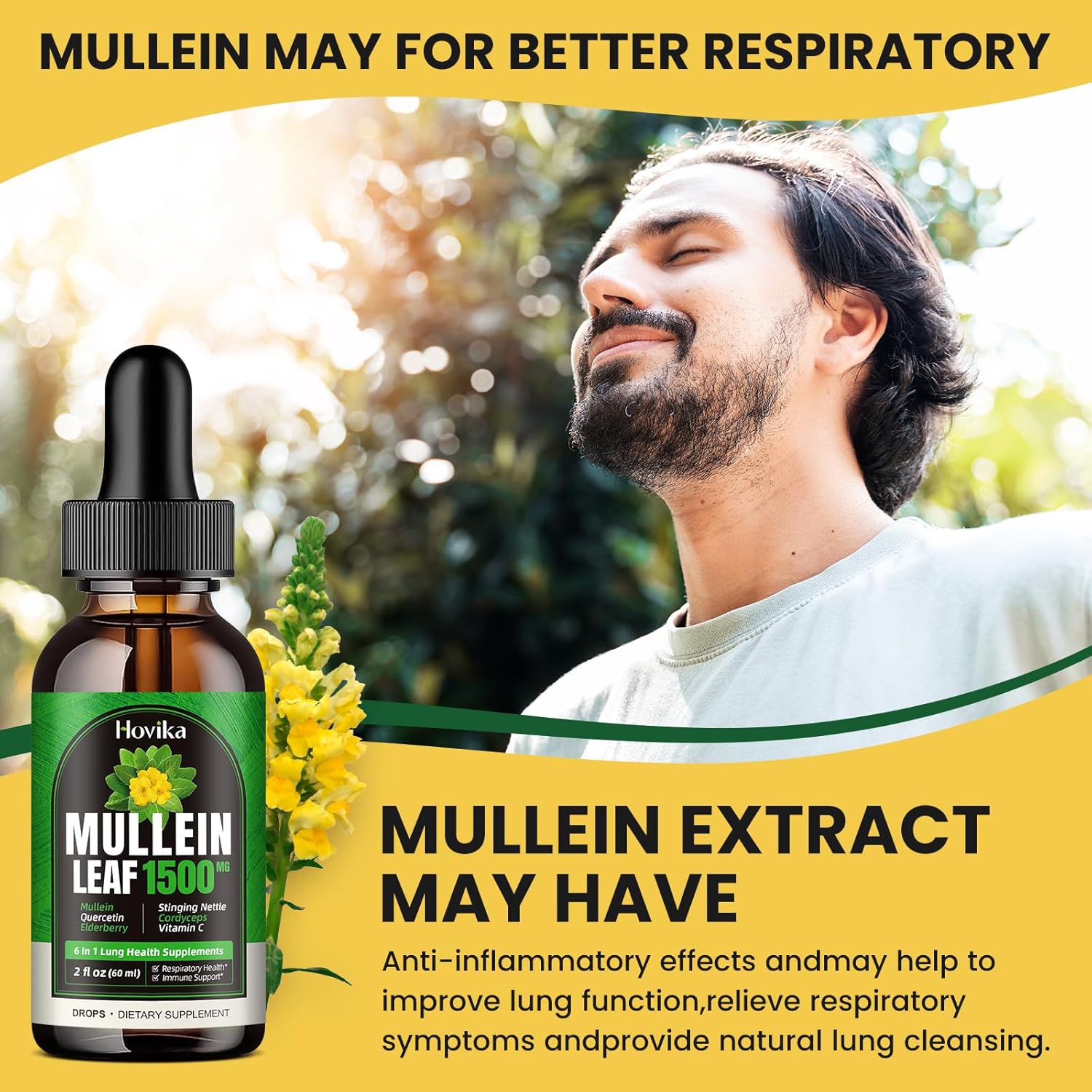 Natural Lung Support Drops - Mullein Leaf Extract with Quercetin, Cordyceps, Elderberry, Stinging Nettle, Vitamin C - 2 Fl Oz