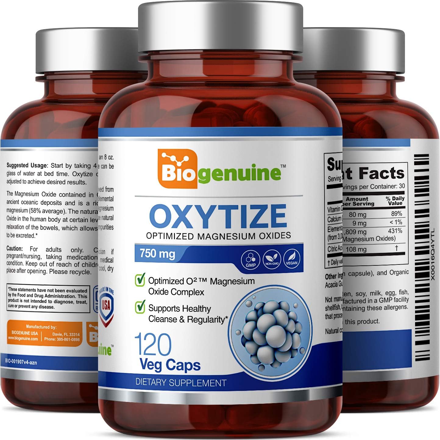 Natural Magnesium Oxide Oxygen Colon Cleanse 750mg - Gentle Laxative for Healthy Digestion - 120 Vegan Capsules