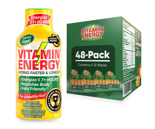 Natural Mango Flavored Vitamin B12 Energy Shots - 48 Pack | Sugar-Free Focus Drink with Vitamins B6 & B12 | Long-Lasting Energy Boost up to 7 Hours