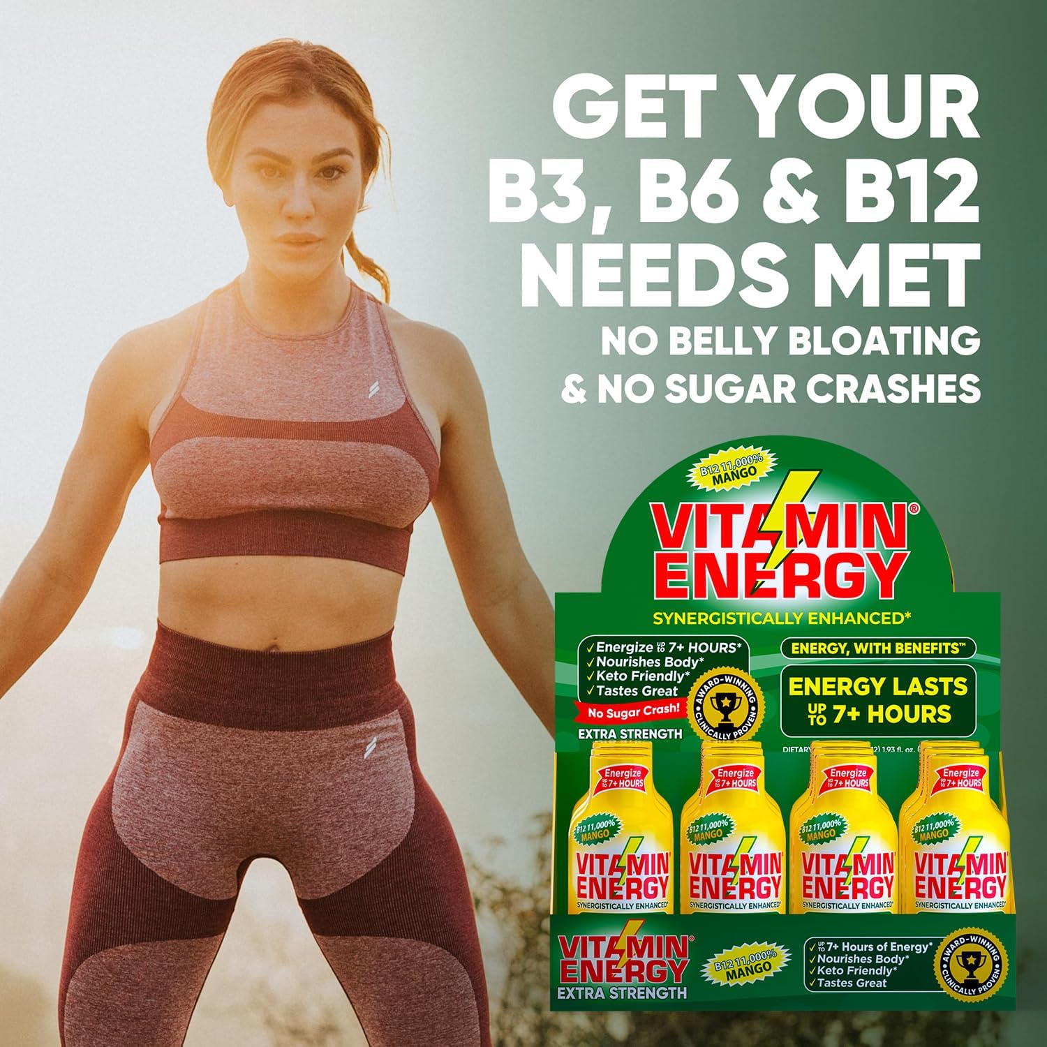 Natural Mango Flavored Vitamin B12 Energy Shots - 24 Pack - Sugar & Carb-Free Supplement - Boost Energy & Focus for 7+ Hours