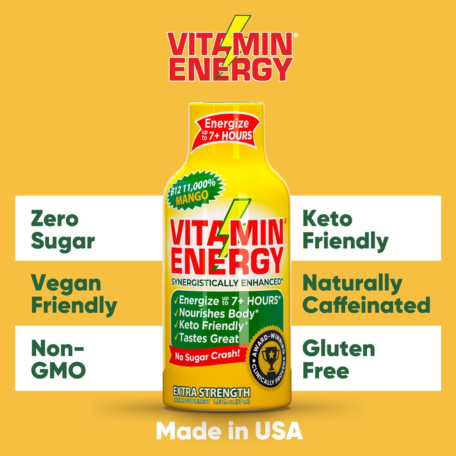 Natural Mango Flavored Vitamin B12 Energy Shots - 24 Pack - Sugar & Carb-Free Supplement - Boost Energy & Focus for 7+ Hours